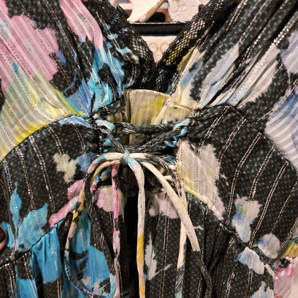 ROCOCO SAND SILK FLORAL TIERED MINI DRESS ADJUSTABLE STRAPS WOMENS MEDIUM - Picture 8 of 16